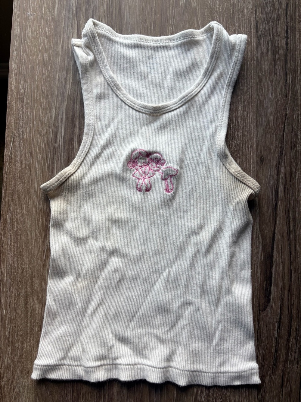 Brandy Melville White Ribbed Tank with Pink Girls Embroidery